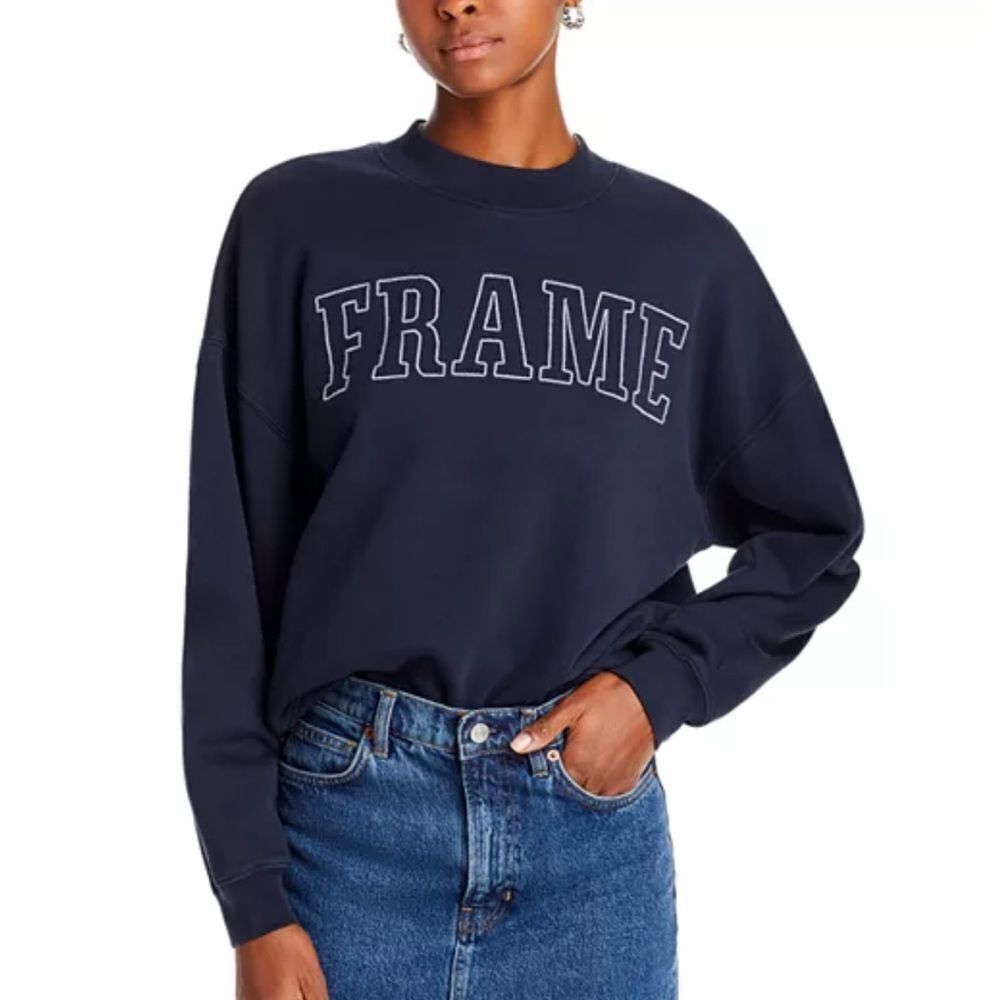 FRAME XXS Navy White Embroidered Block Letters Crew Cotton Blend Sweatshirt